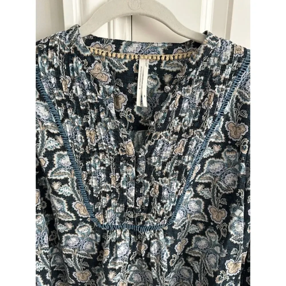 Anthropologie Floral Cotton Peasant Blouse Small Blue/Green - Picture 3 of 9